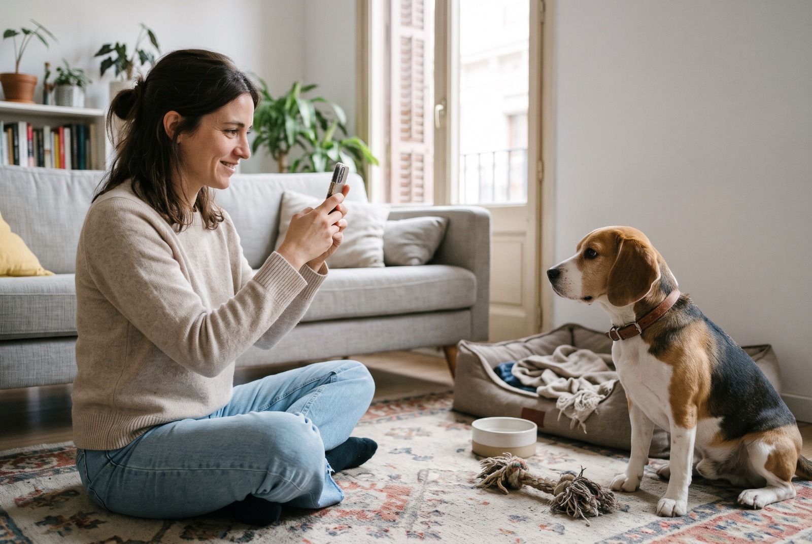 A woman with her dog using her phone at home